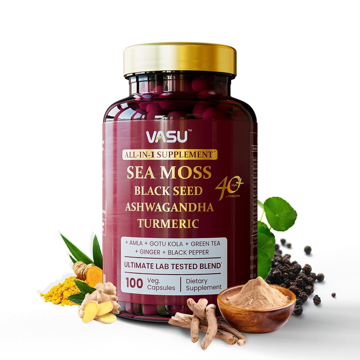 Vasu Sea Moss Capsules - 100 Count - Irish Sea Moss with Black Seed Oil Ashwagandha Turmeric Amla Gotu Kola Green Tea Ginger for Stamina Strength Endurance