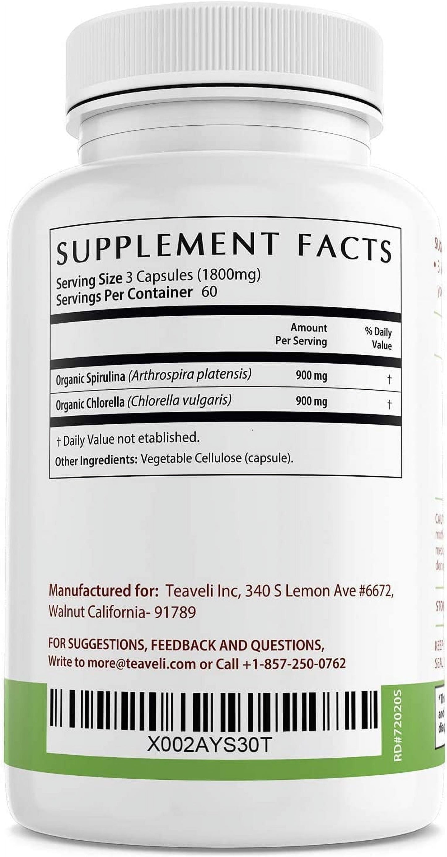 Organic Spirulina and Chlorella Capsules – 180 Blue Green Algae & Chlorophyll Capsules