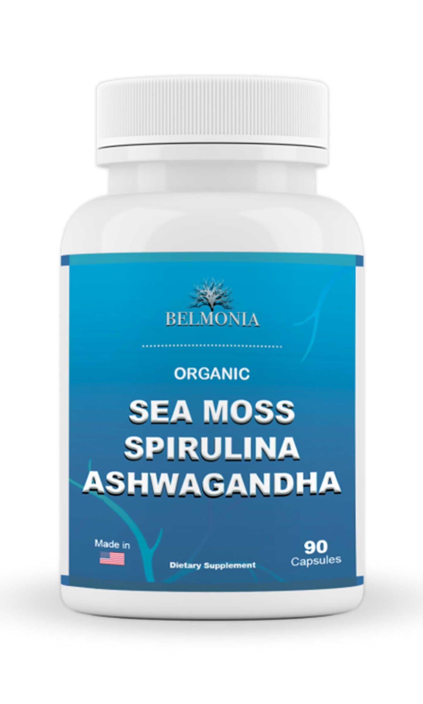 Belmonia Sea Moss Capsules with Spirulina and Ashwagandha Capsules 100% Organic Sea Moss Strength & Endurance- High Potency Sea Moss Supplement 90 Count Made in USA Superfood Supplements