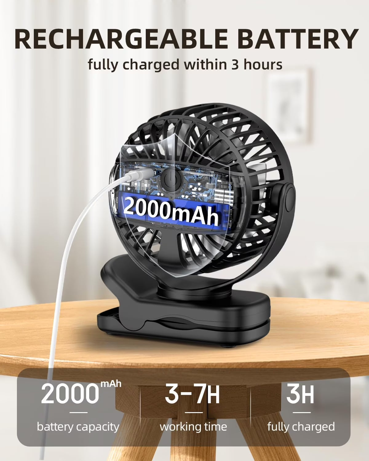 Portable Clip on Fan Battery Operated,3 Speed Quiet Rechargeable Mini Table Fan, Quiet,High Air Volume, 360 Degree Free Rotation,Mini Desk Fan, Stroller Fan-Black