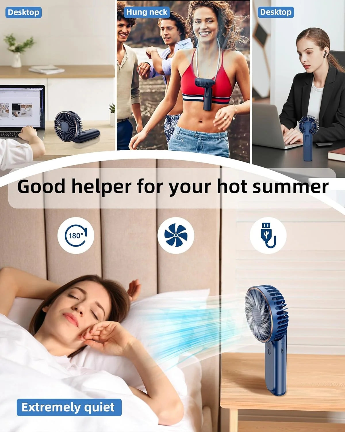 Frsara Portable Handheld Mini Fan, Neck Fan, 4000Mah Desk Fan, 180° Adjustable, 6 Speed Wind, Display Electricity in Real Time, USB Rechargeable Foldable Fan, Quiet Personal Fan