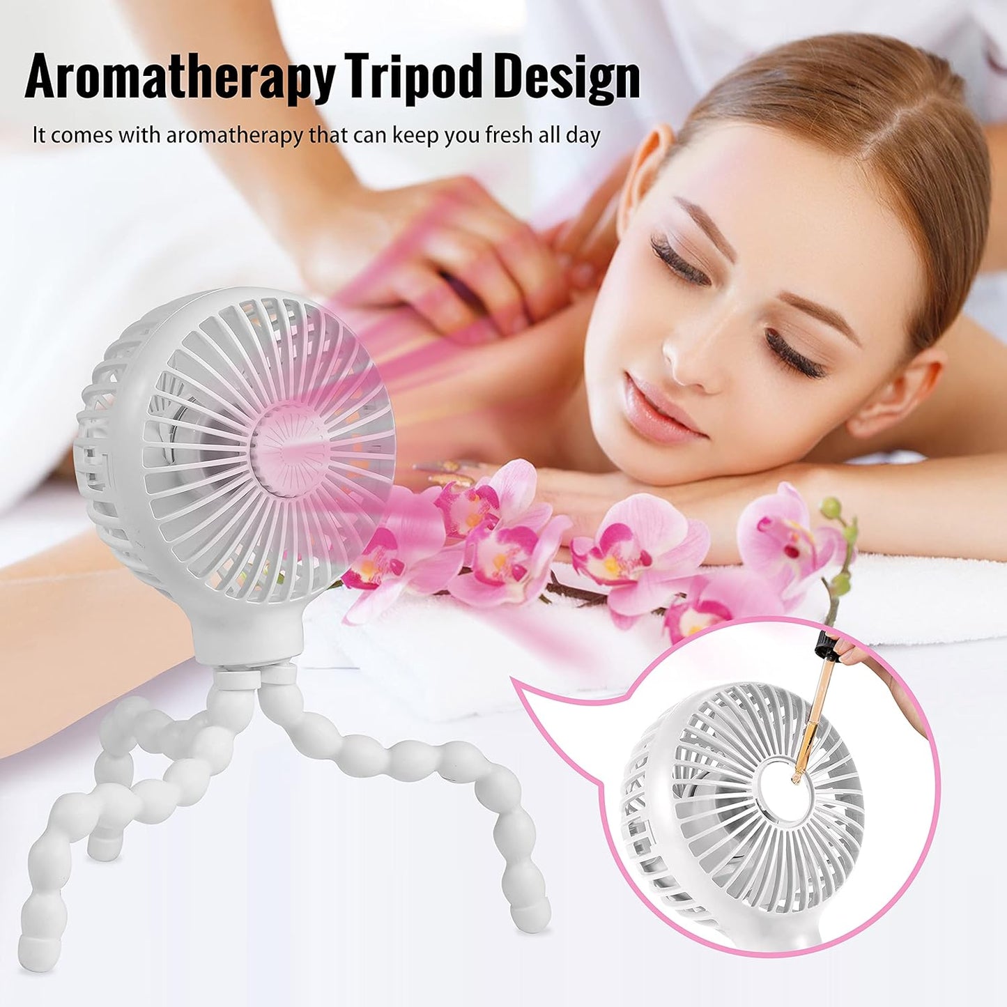 Upgraded Stroller Fan Mini Battery Operated Fan Small USB Rechargable Desk Fan Baby Portable Fan Flexible Tripod Clip on Fan with 3 Speeds Baby Fan for Carseat Crib Treadmill (White)