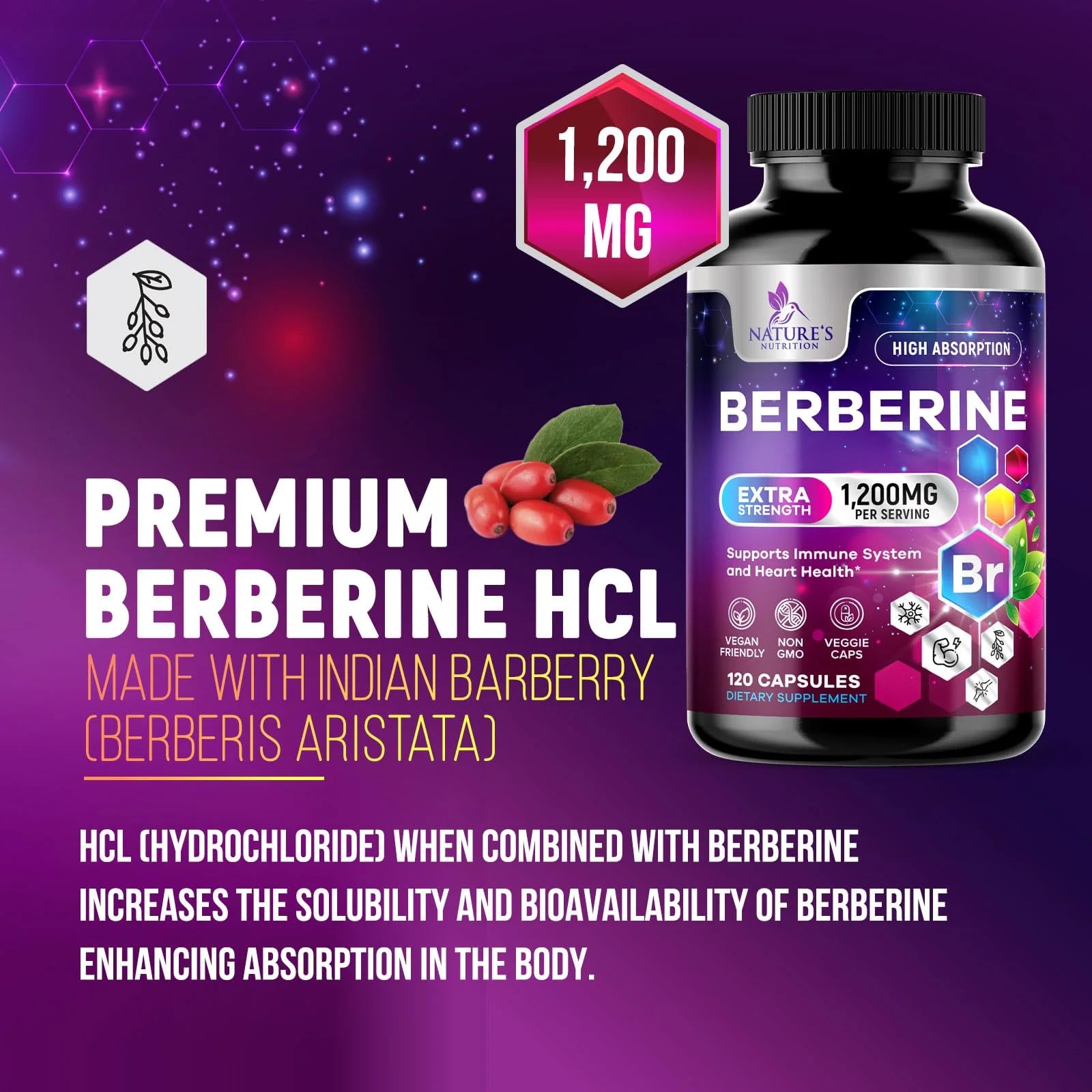 Berberine Supplement 1200Mg, High Absorption Berberine Supplements Heart Health & Immune Support Berberine Supplement - Berberine HCL Supplement Pills, Gluten-Free Berberine HCI - 120 Veggie Capsules