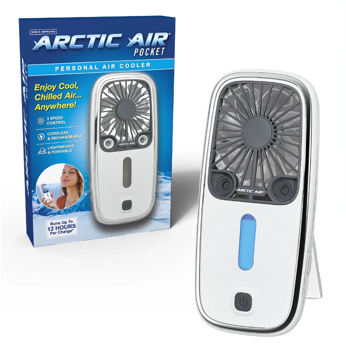 ® Pocket Hand Fan, Portable Air Cooler, Dual Cooling Jets, Rechargeable, 3 Speeds