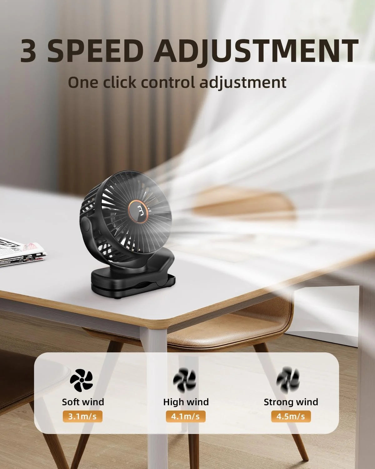 Portable Clip on Fan Battery Operated,3 Speed Quiet Rechargeable Mini Table Fan, Quiet,High Air Volume, 360 Degree Free Rotation,Mini Desk Fan, Stroller Fan-Black