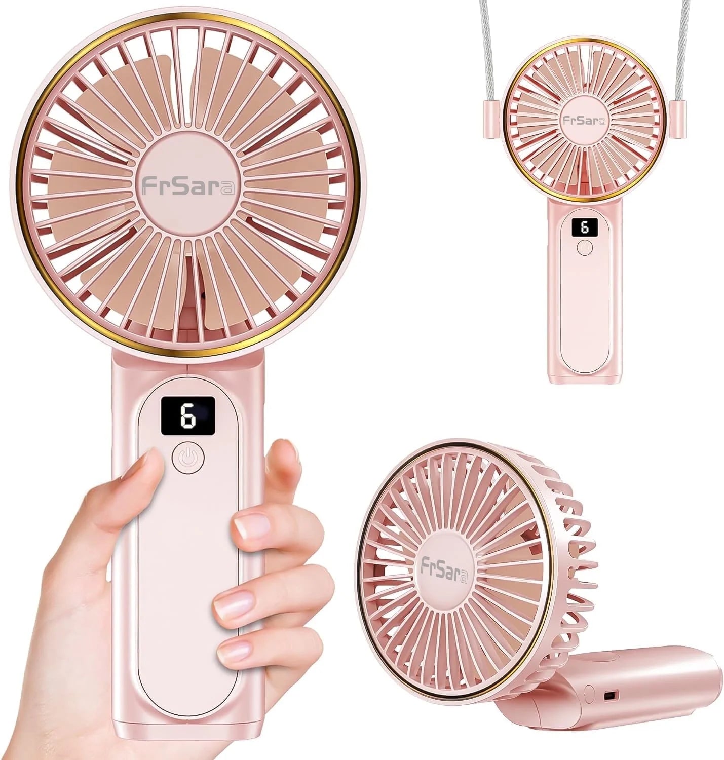 Frsara Portable Handheld Mini Fan, Neck Fan, 4000Mah Desk Fan, 180° Adjustable, 6 Speed Wind, Display Electricity in Real Time, USB Rechargeable Foldable Fan, Quiet Personal Fan