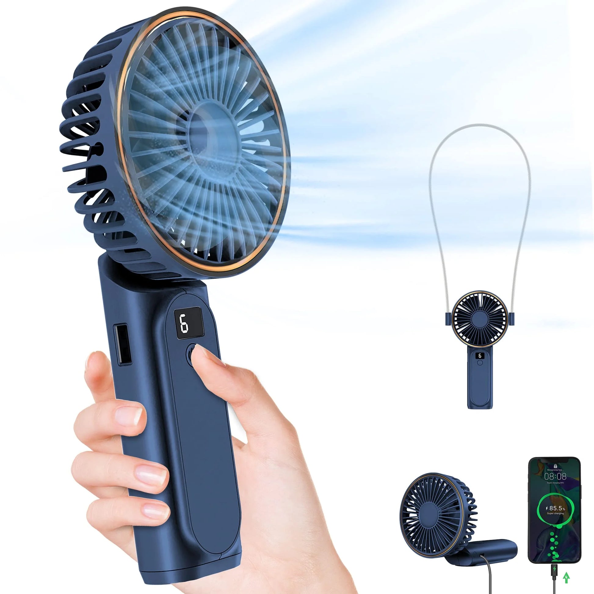 Frsara Portable Handheld Mini Fan, Neck Fan, 4000Mah Desk Fan, 180° Adjustable, 6 Speed Wind, Display Electricity in Real Time, USB Rechargeable Foldable Fan, Quiet Personal Fan