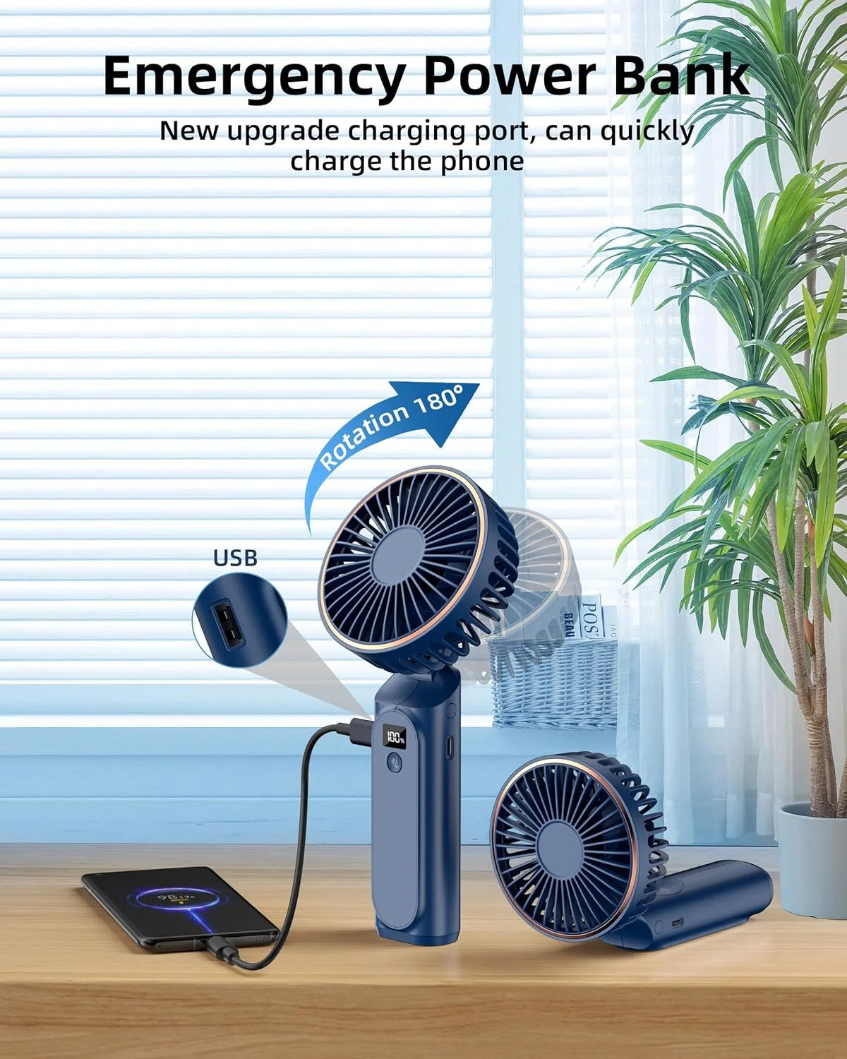 Frsara Portable Handheld Mini Fan, Neck Fan, 4000Mah Desk Fan, 180° Adjustable, 6 Speed Wind, Display Electricity in Real Time, USB Rechargeable Foldable Fan, Quiet Personal Fan