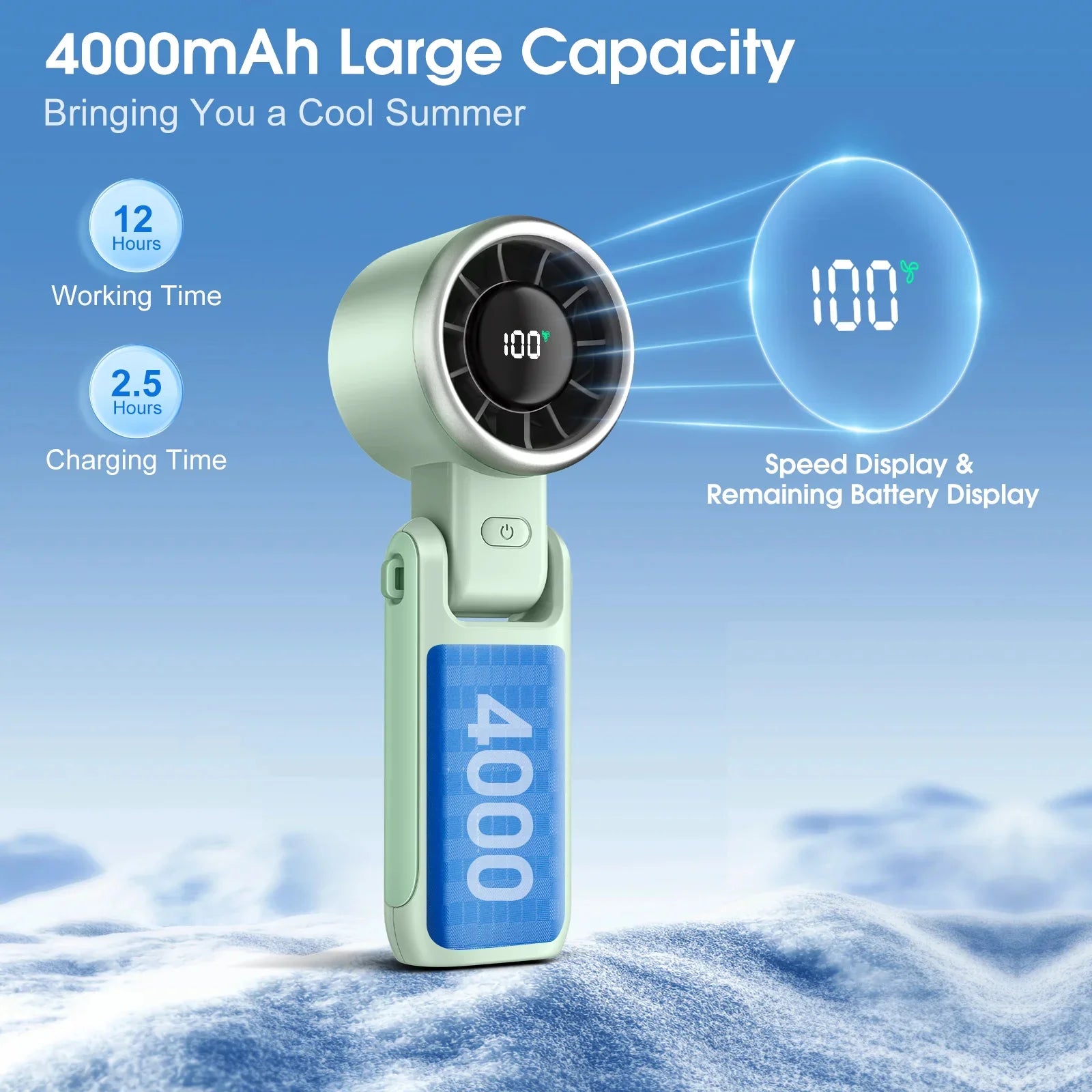 Portable Handheld Turbo Fan,180° Adjustable Foldable Desk Fan,5-Speed LED Display Foldable Handheld Fan,4000Mah Battery Rechargeable Personal Cooling Fan for Travel & Outdoor Use(Green)