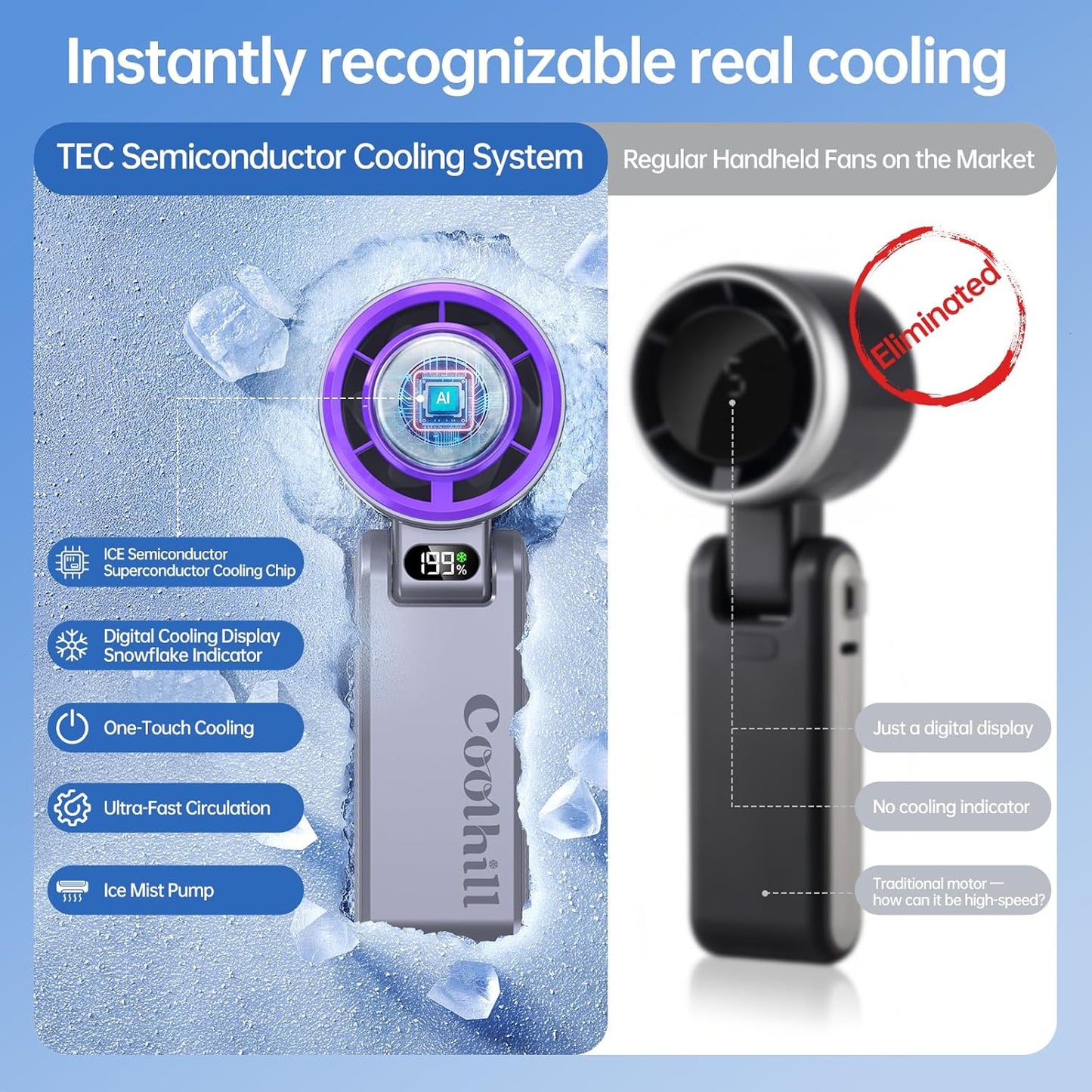 Pro Handheld Portable Fan with Turbo Cooling - Hand Held Fan Rechargeable, 1-199 Speeds, up to 12Hrs Battery Life, Powerful Mini Personal Ice Fan for Travel, Outdoor, Beach & Makeup
