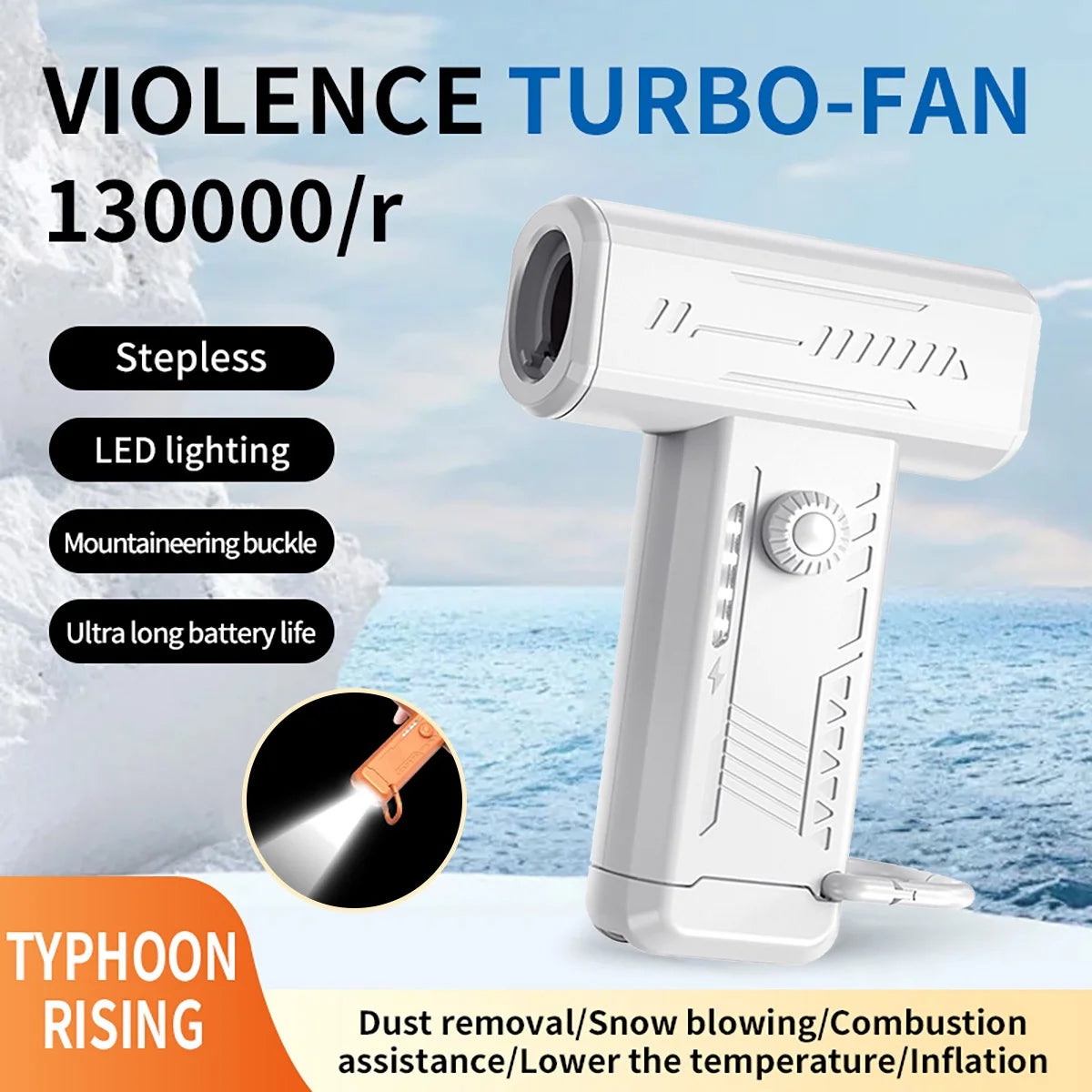 Portable Handheld Fan W/ LED Light, 130000RPM Turbo Dry Mini Air Blower Violent Fan Super Turbofan Brushless Motor Rechargeable, White