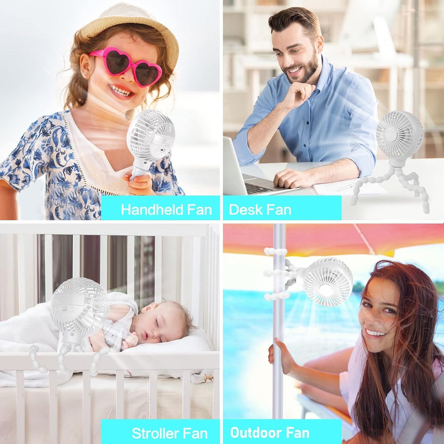 Upgraded Stroller Fan Mini Battery Operated Fan Small USB Rechargable Desk Fan Baby Portable Fan Flexible Tripod Clip on Fan with 3 Speeds Baby Fan for Carseat Crib Treadmill (White)