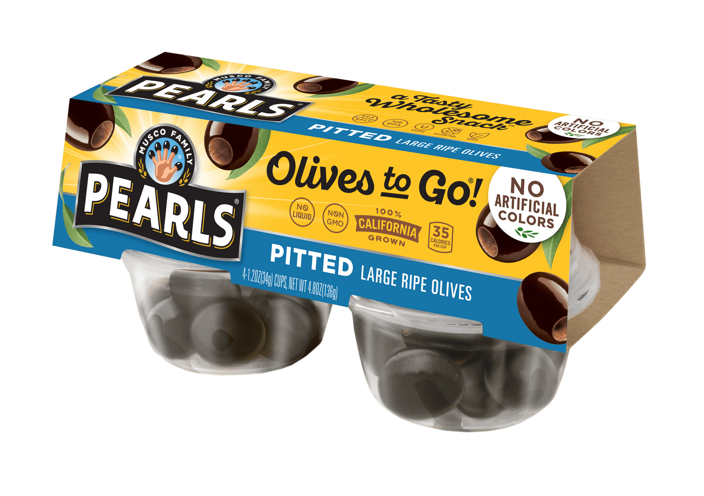 Pearls Black Pitted Large California Ripe Olives, 4 Pack, 1.2 Oz. Cup. Major Allergens Not Contained.