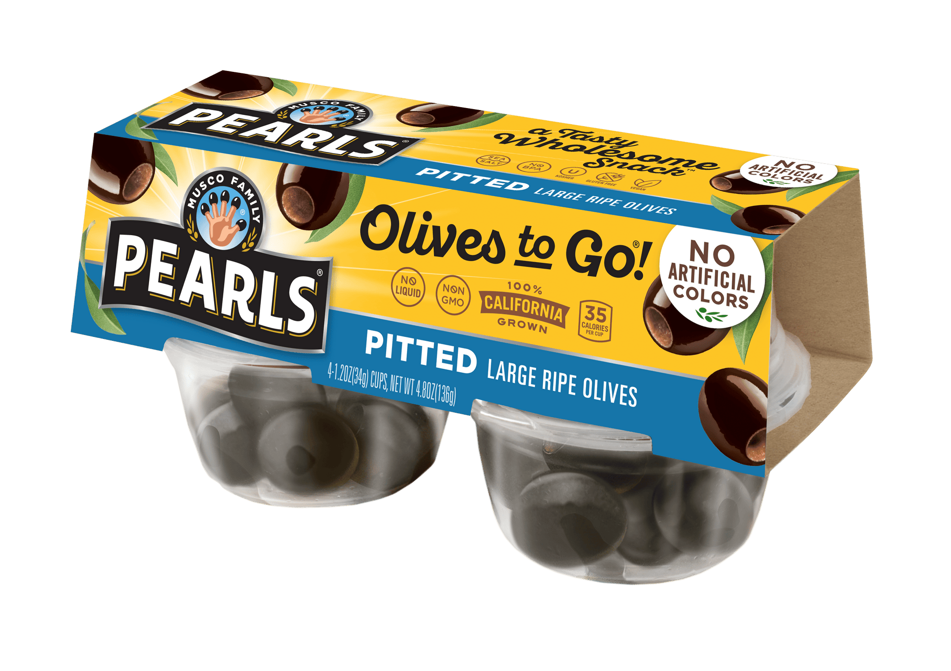 Pearls Black Pitted Large California Ripe Olives, 4 Pack, 1.2 Oz. Cup. Major Allergens Not Contained.
