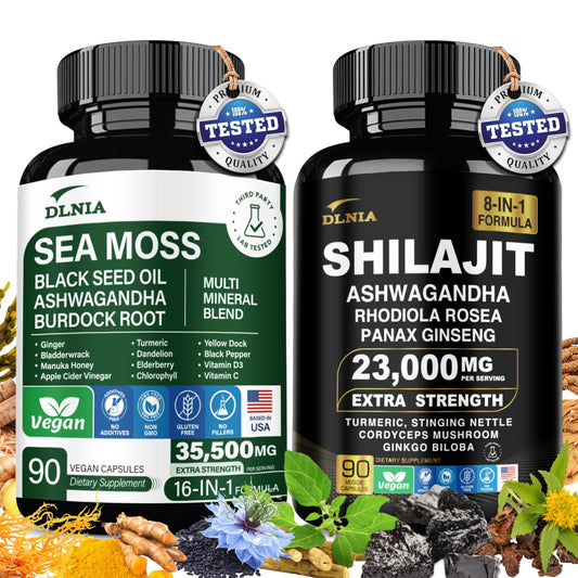 DLNIA Shilajit 9000mg Sea Moss 17500mg Ginger & Black Seed Oil 4000mg Ashwagandha 5000mg Rhodiola Rosea 1000mg Panax Ginseng 1500mg All in 1 Supplement - Sea Moss & Shilajit Vitality Bundle
