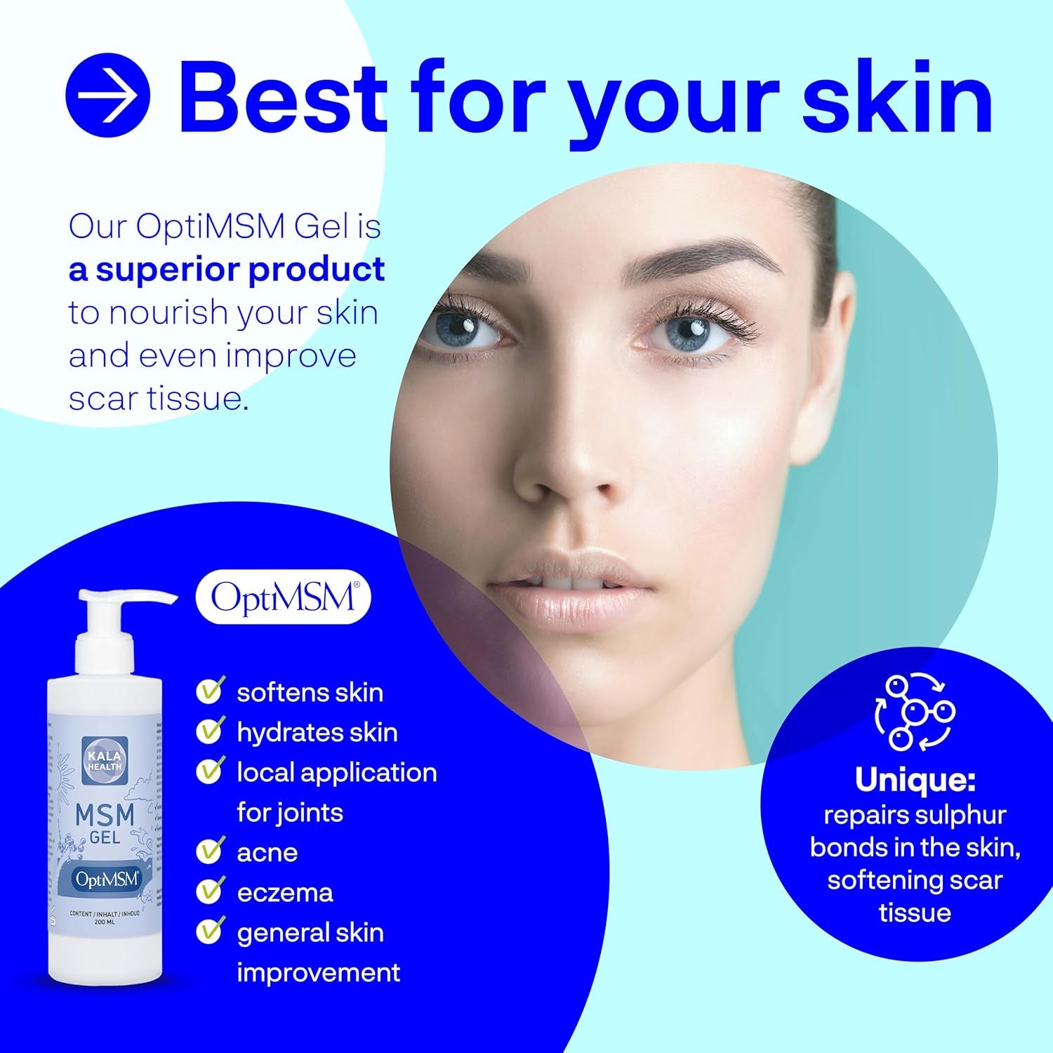 MSM Skin and Facial Gel Lotion by Kala - 200Ml Pure Optimsm Gel - Optimsm for Skin and Topical Use