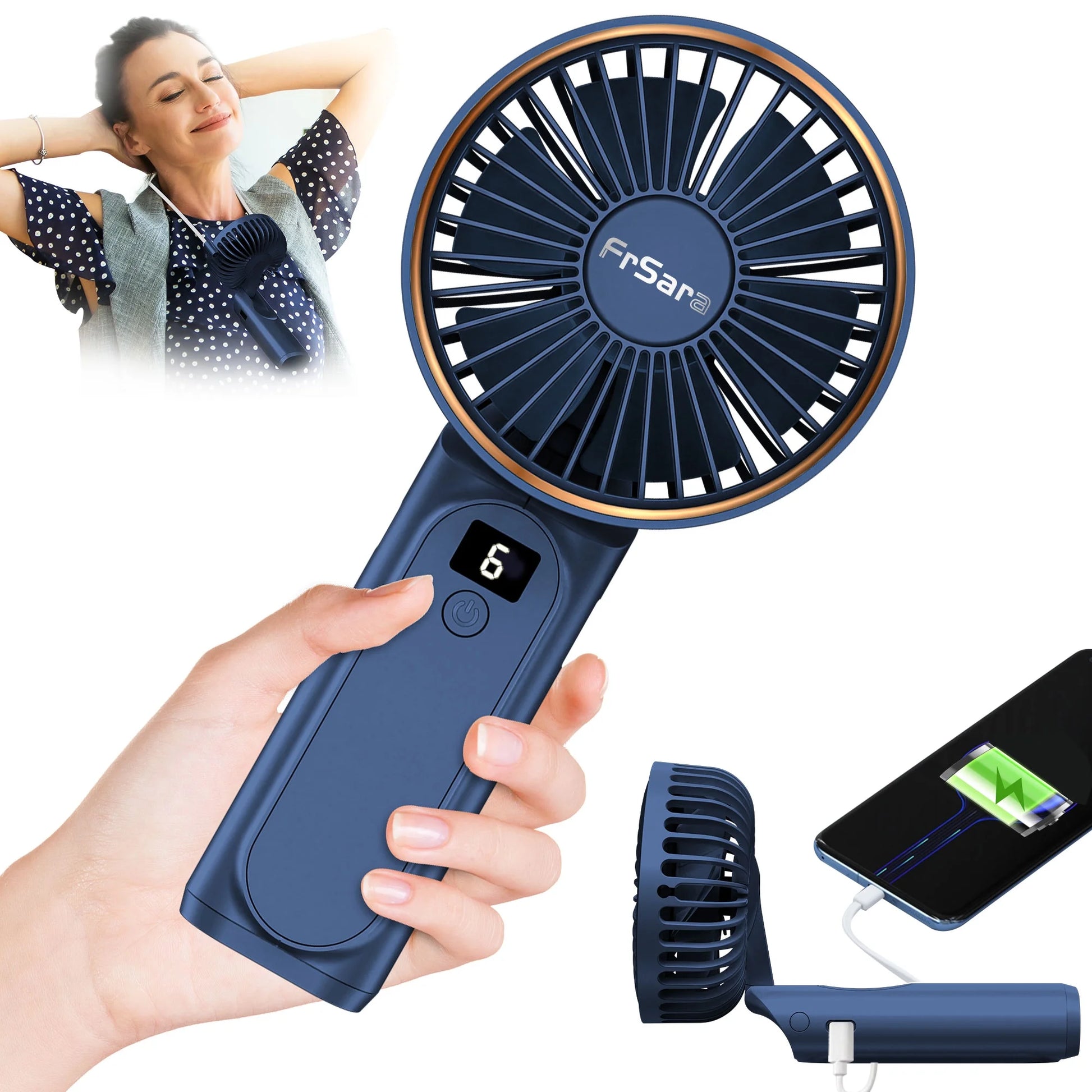 Frsara Portable Handheld Mini Fan, Neck Fan, 4000Mah Desk Fan, 180° Adjustable, 6 Speed Wind, Display Electricity in Real Time, USB Rechargeable Foldable Fan, Quiet Personal Fan