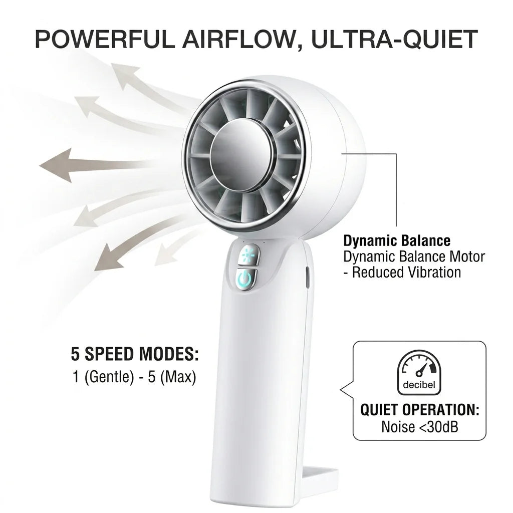 Handheld Turbo Fan 5-Speed Rechargeable Portable Mini Fan High-Speed for Travel Outdoor Gifts for Women Men - White
