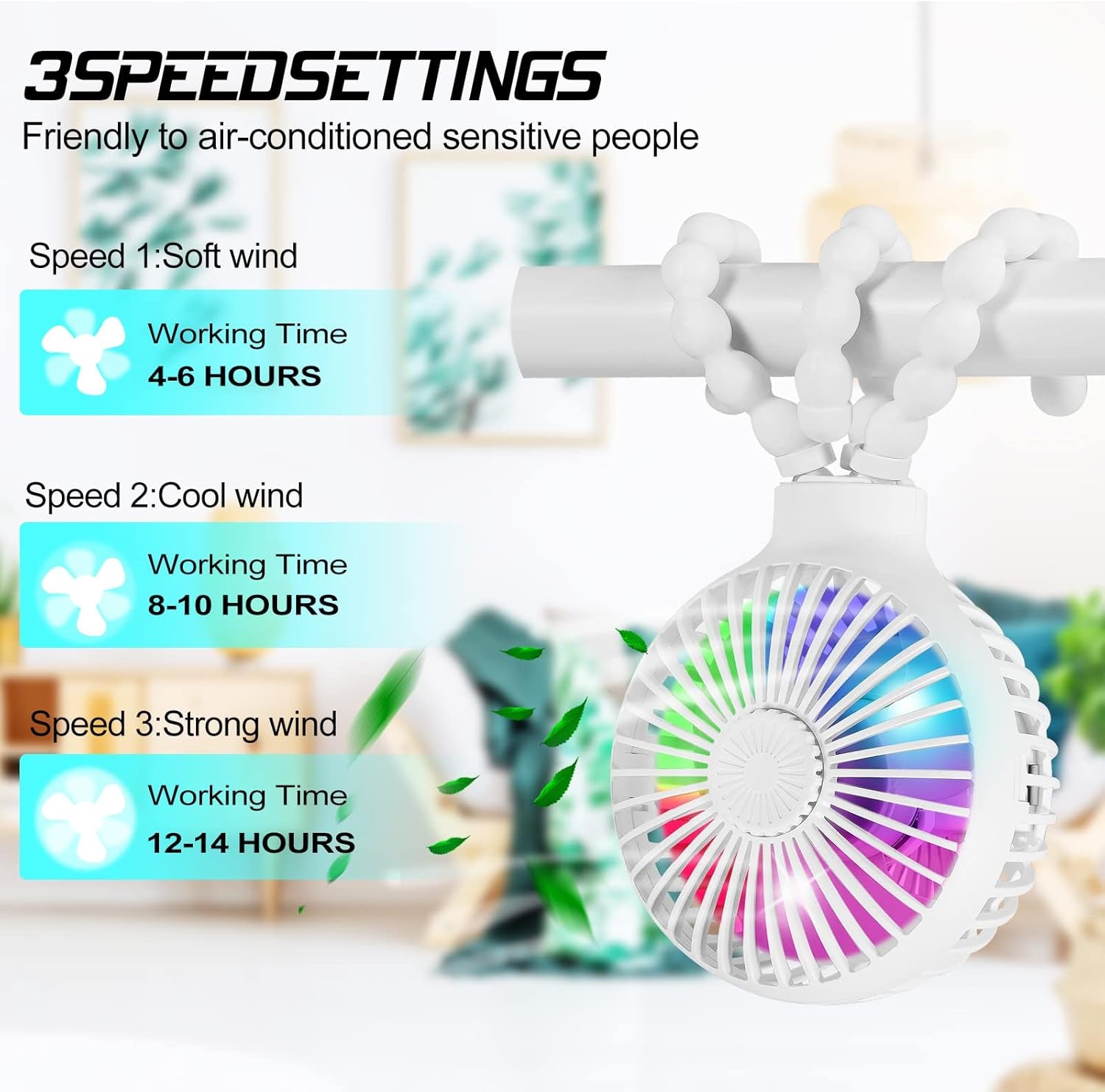Upgraded Stroller Fan Mini Battery Operated Fan Small USB Rechargable Desk Fan Baby Portable Fan Flexible Tripod Clip on Fan with 3 Speeds Baby Fan for Carseat Crib Treadmill (White)