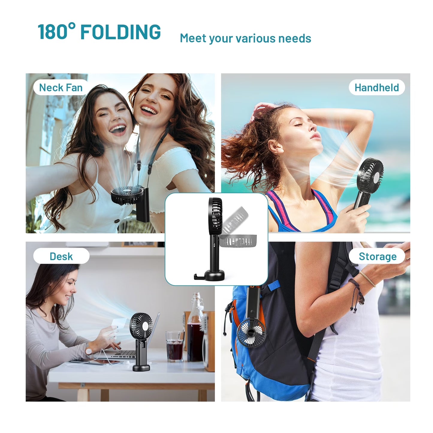 Portable Handheld Mini Fan, Neck Fan, 3000Mah Desk Fan, 180° Adjustable, 3 Speed Wind, USB Rechargeable Foldable Fan, Quiet Personal Fan with Power Bank - Black