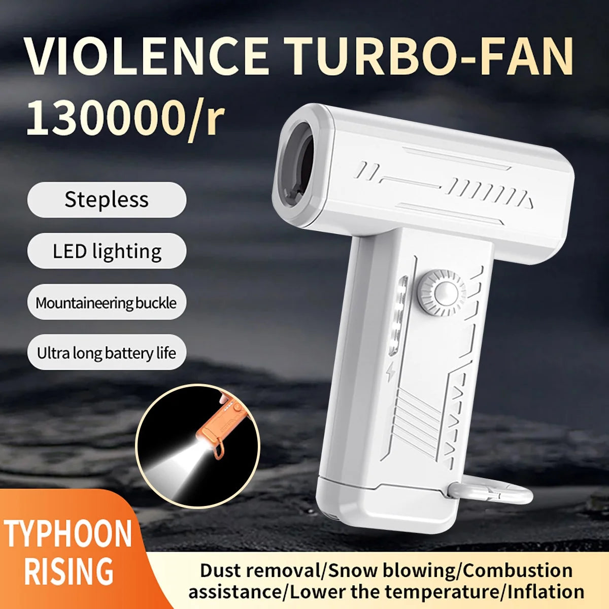 Portable Handheld Fan W/ LED Light, 130000RPM Turbo Dry Mini Air Blower Violent Fan Super Turbofan Brushless Motor Rechargeable, White