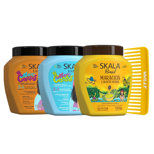 SKALA Mais Crespos & Mais Cachos 2 in 1 Conditioning Treatment Cream Bundle + Skala Passion Fruit & Patauá Oil (Maracuja) Hair Care 1000G – Includes Free Comb (Comb Color May Vary)