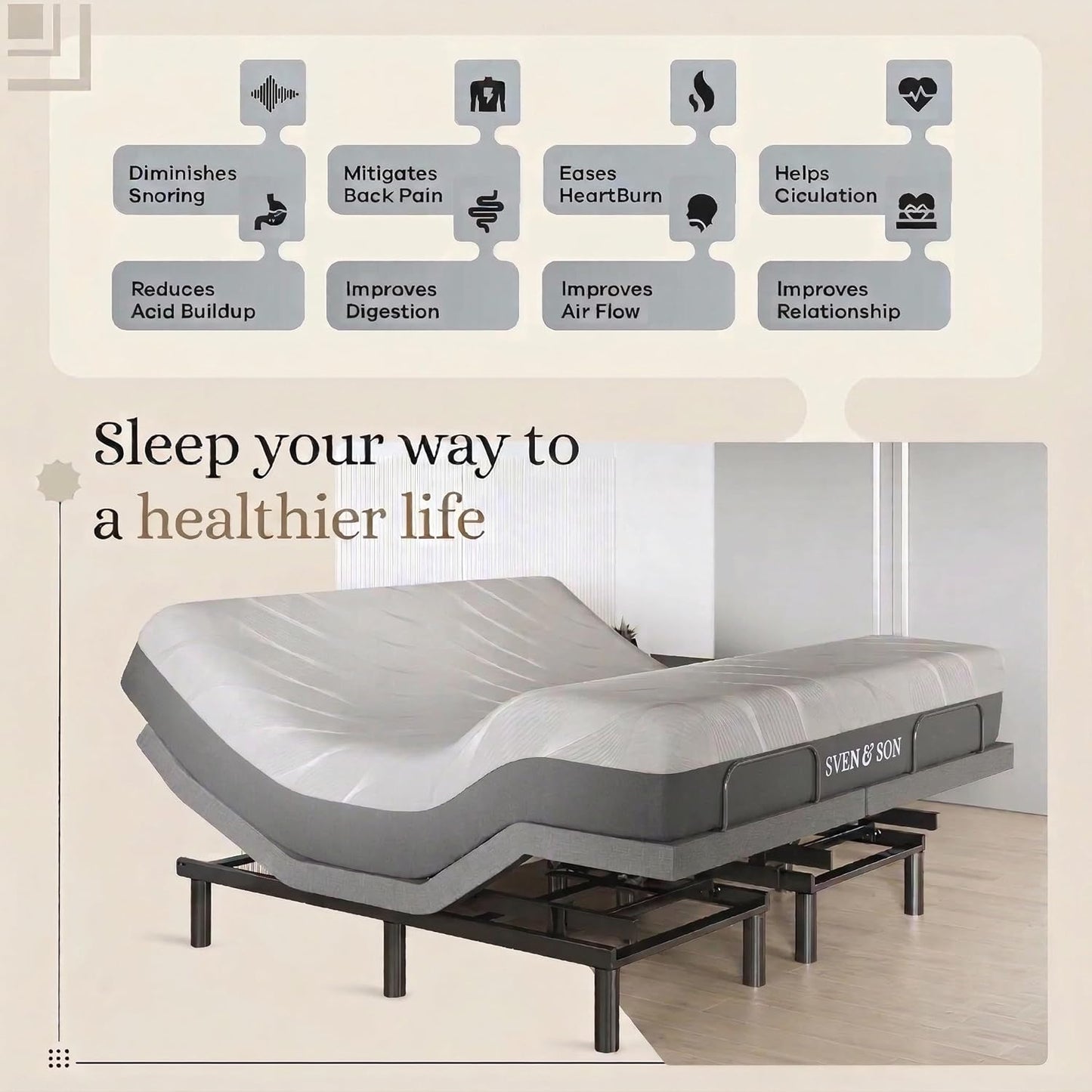 Harmony Adjustable Bed Base, Head and Foot Lift, Massage, Under-Bed Lights, USB, Gel Memory, Zero Gravity Smart Frame - King + 14 Inch Hybrid Spring Matt (Medium Soft)