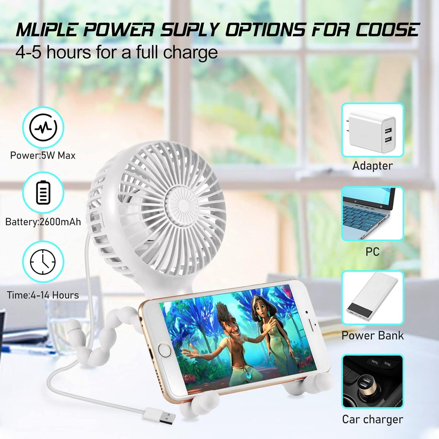Upgraded Stroller Fan Mini Battery Operated Fan Small USB Rechargable Desk Fan Baby Portable Fan Flexible Tripod Clip on Fan with 3 Speeds Baby Fan for Carseat Crib Treadmill (White)