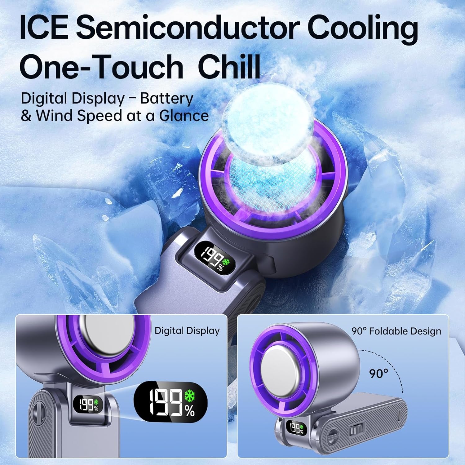 Pro Handheld Portable Fan with Turbo Cooling - Hand Held Fan Rechargeable, 1-199 Speeds, up to 12Hrs Battery Life, Powerful Mini Personal Ice Fan for Travel, Outdoor, Beach & Makeup