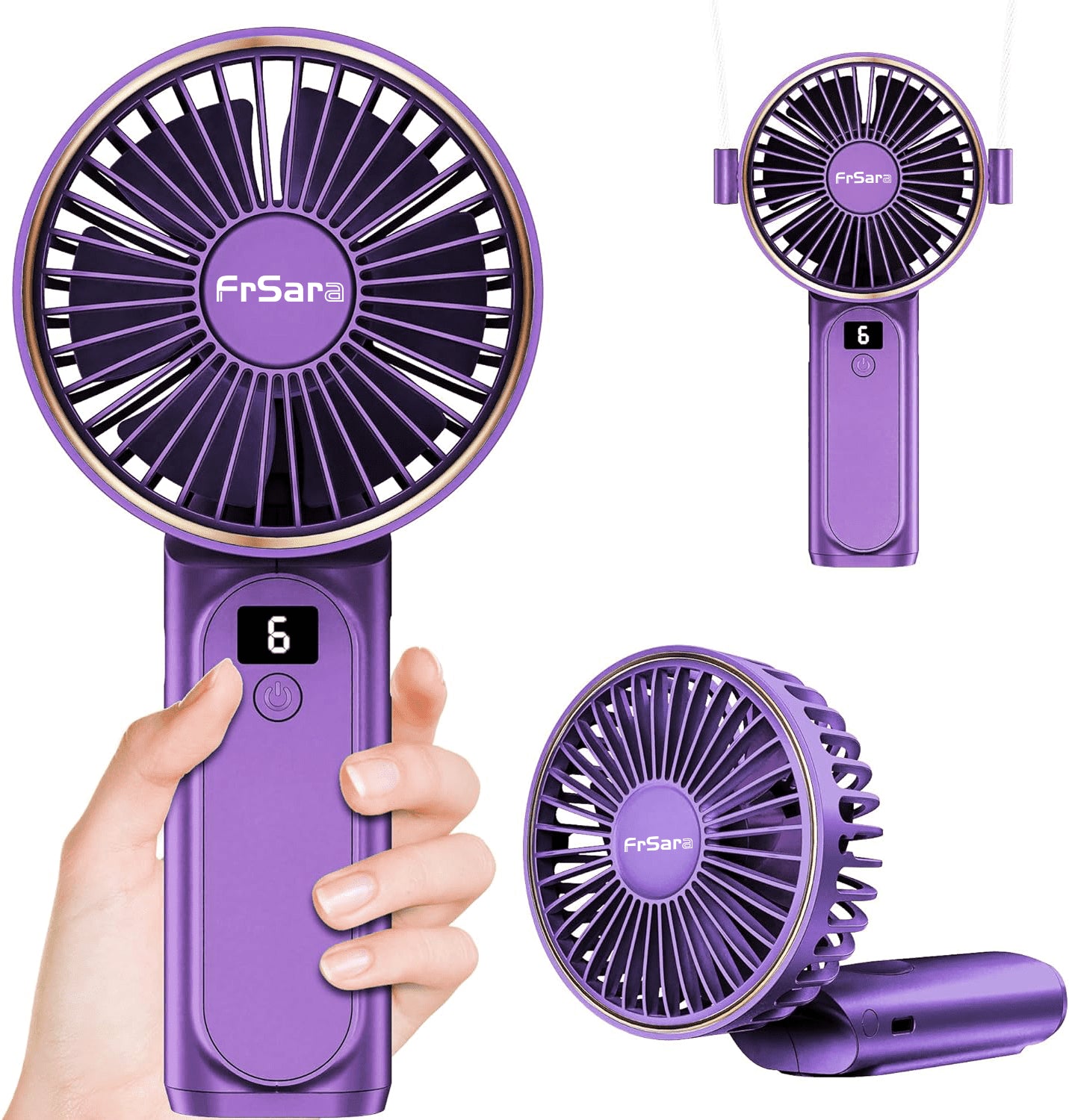Frsara Portable Handheld Mini Fan, Neck Fan, 4000Mah Desk Fan, 180° Adjustable, 6 Speed Wind, Display Electricity in Real Time, USB Rechargeable Foldable Fan, Quiet Personal Fan