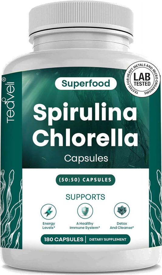 Organic Spirulina and Chlorella Capsules – 180 Blue Green Algae & Chlorophyll Capsules