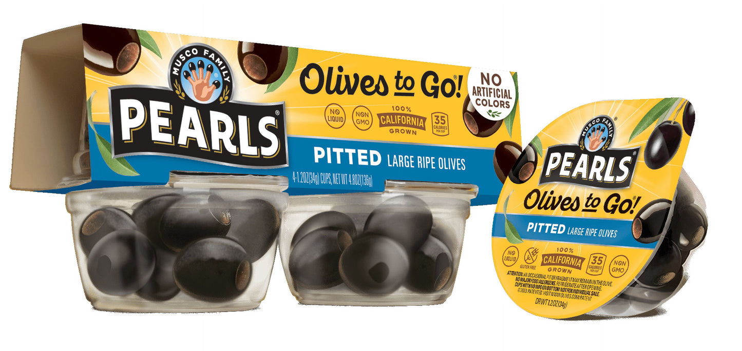 Pearls Black Pitted Large California Ripe Olives, 4 Pack, 1.2 Oz. Cup. Major Allergens Not Contained.