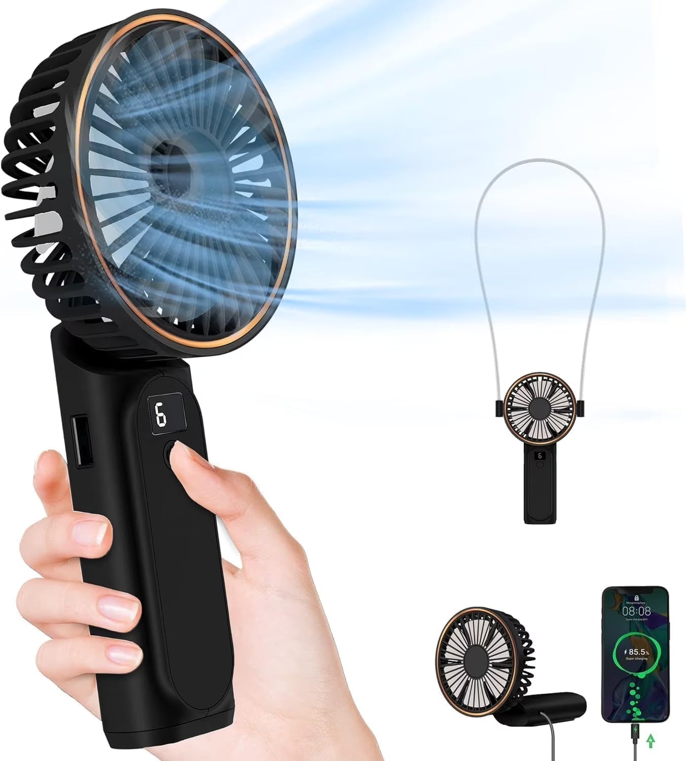 Frsara Portable Handheld Mini Fan, Neck Fan, 4000Mah Desk Fan, 180° Adjustable, 6 Speed Wind, Display Electricity in Real Time, USB Rechargeable Foldable Fan, Quiet Personal Fan