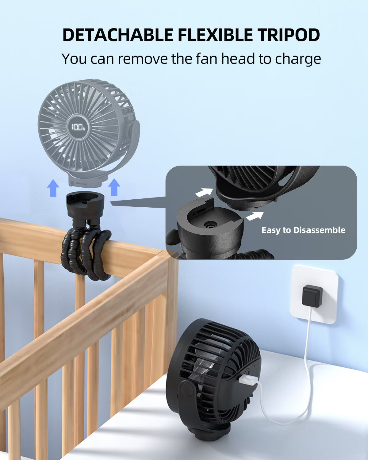 Frsara Portable Baby Stroller Fan - Clip On, Safe Quiet 4000Mah, 3-Speed Baby Fan for Stroller/Car Seat/Desk/Travel/Bike/Camping - Black