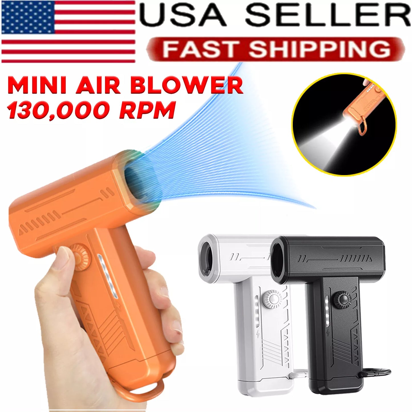 Portable Handheld Fan W/ LED Light, 130000RPM Turbo Dry Mini Air Blower Violent Fan Super Turbofan Brushless Motor Rechargeable, White