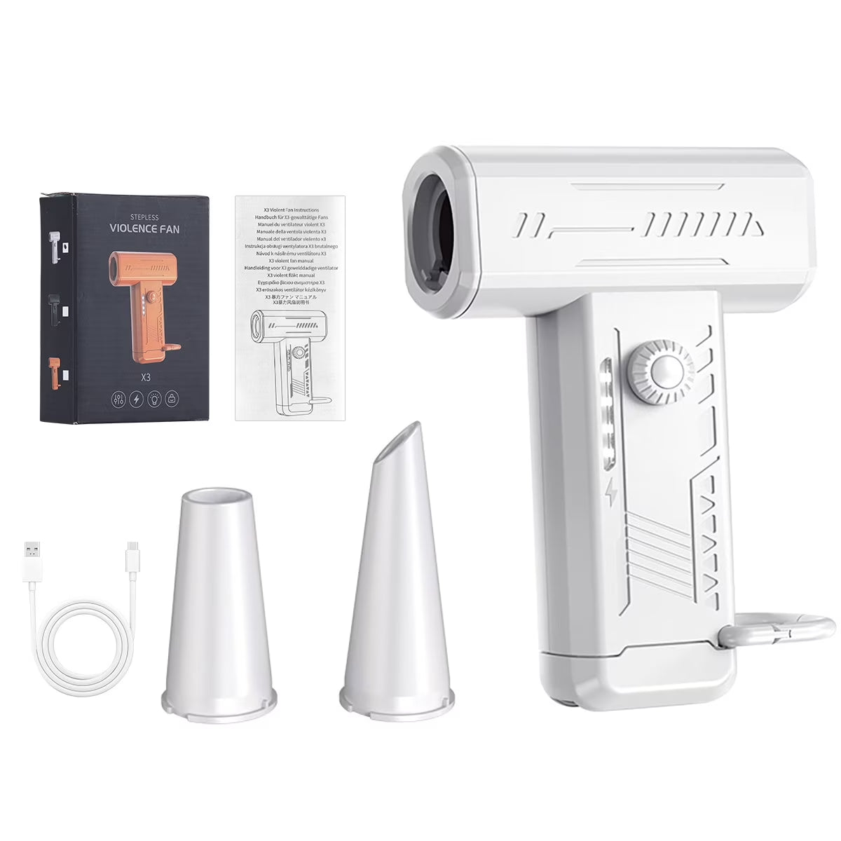 Portable Handheld Fan W/ LED Light, 130000RPM Turbo Dry Mini Air Blower Violent Fan Super Turbofan Brushless Motor Rechargeable, White