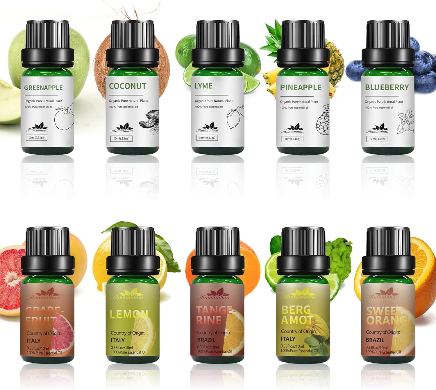 Fruity Essential Oil Set 10X10 Ml Aromatherapy Essential Oils Pack for Diffuser, Soap, Candle Making(Green Apple,Coconut,Pineapple,Blueberry,Grapefruit,Lemon,Tangerine, Bergamot,Orange, Liye)