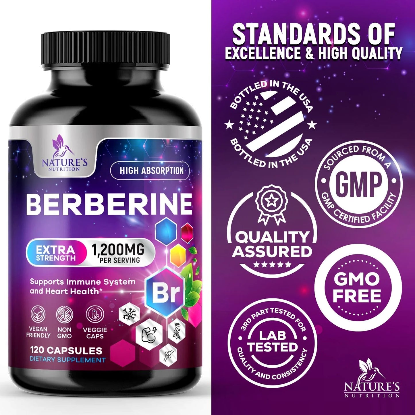 Berberine Supplement 1200Mg, High Absorption Berberine Supplements Heart Health & Immune Support Berberine Supplement - Berberine HCL Supplement Pills, Gluten-Free Berberine HCI - 120 Veggie Capsules