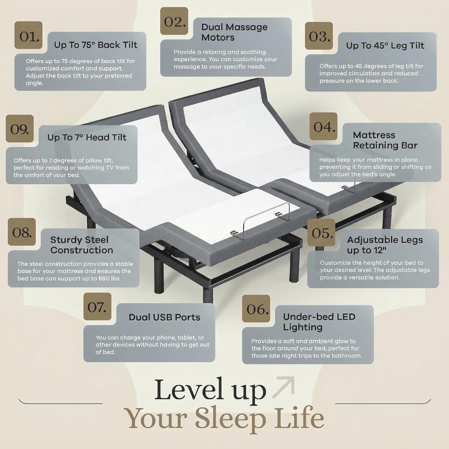 Harmony Adjustable Bed Base, Head and Foot Lift, Massage, Under-Bed Lights, USB, Gel Memory, Zero Gravity Smart Frame - King + 14 Inch Hybrid Spring Matt (Medium Soft)