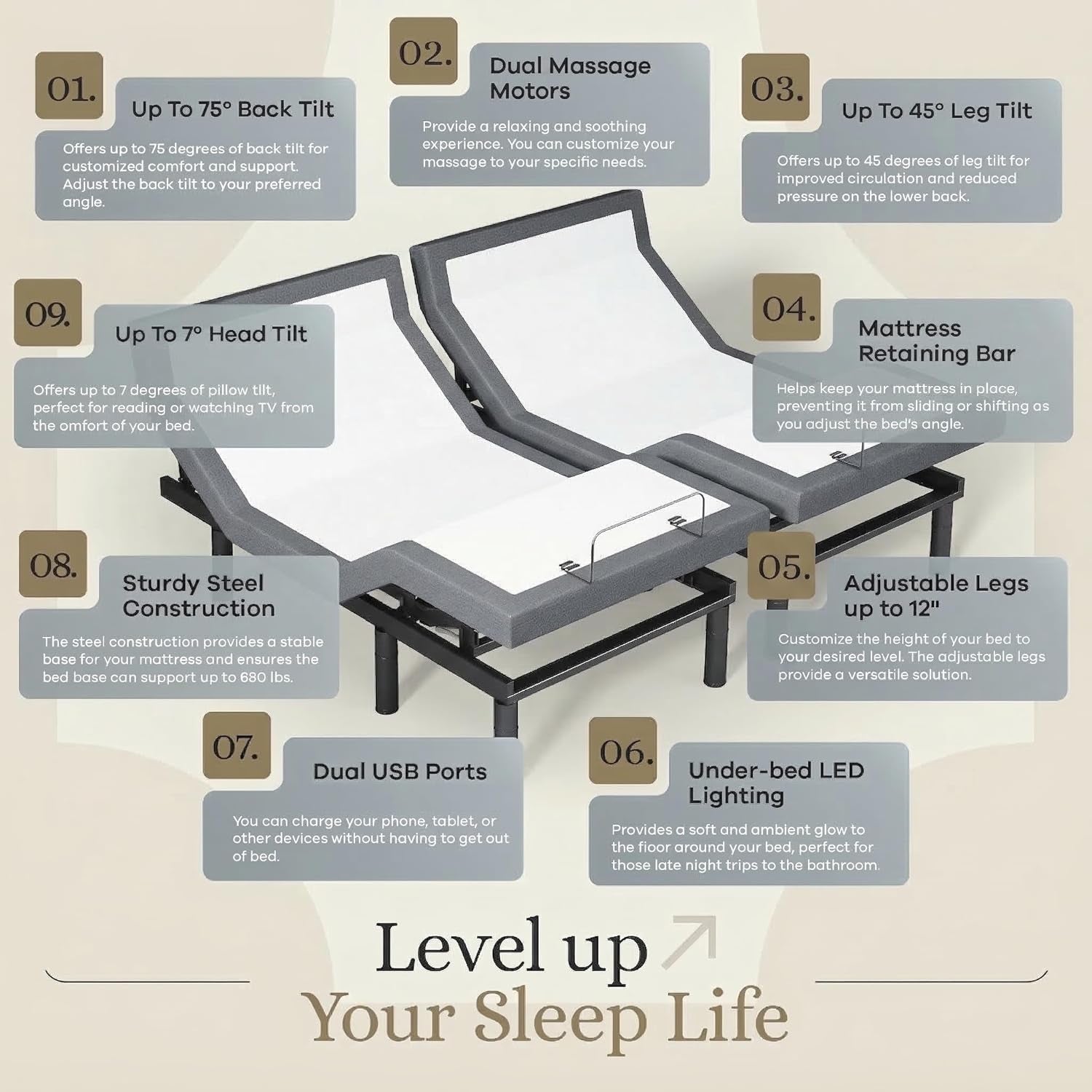 Harmony Adjustable Bed Base, Head and Foot Lift, Massage, Under-Bed Lights, USB, Gel Memory, Zero Gravity Smart Frame - King + 14 Inch Hybrid Spring Matt (Medium Soft)