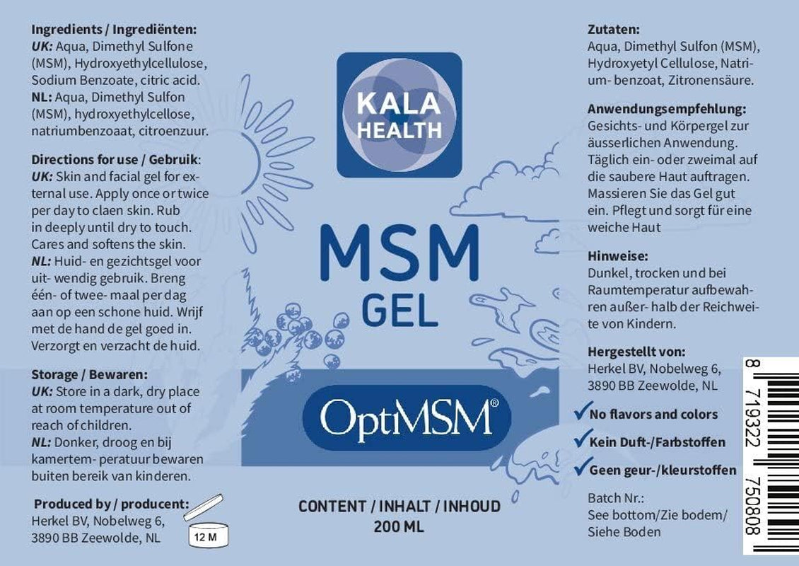 MSM Skin and Facial Gel Lotion by Kala - 200Ml Pure Optimsm Gel - Optimsm for Skin and Topical Use