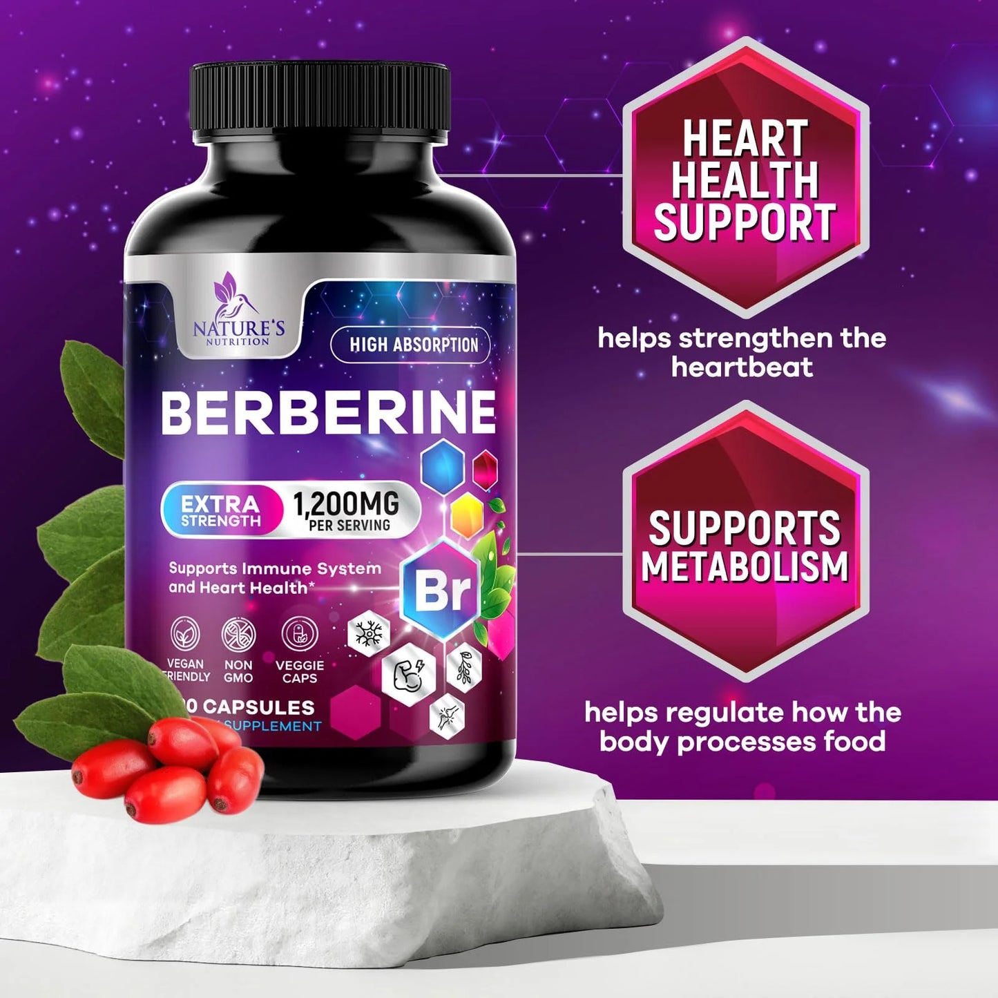 Berberine Supplement 1200Mg, High Absorption Berberine Supplements Heart Health & Immune Support Berberine Supplement - Berberine HCL Supplement Pills, Gluten-Free Berberine HCI - 120 Veggie Capsules