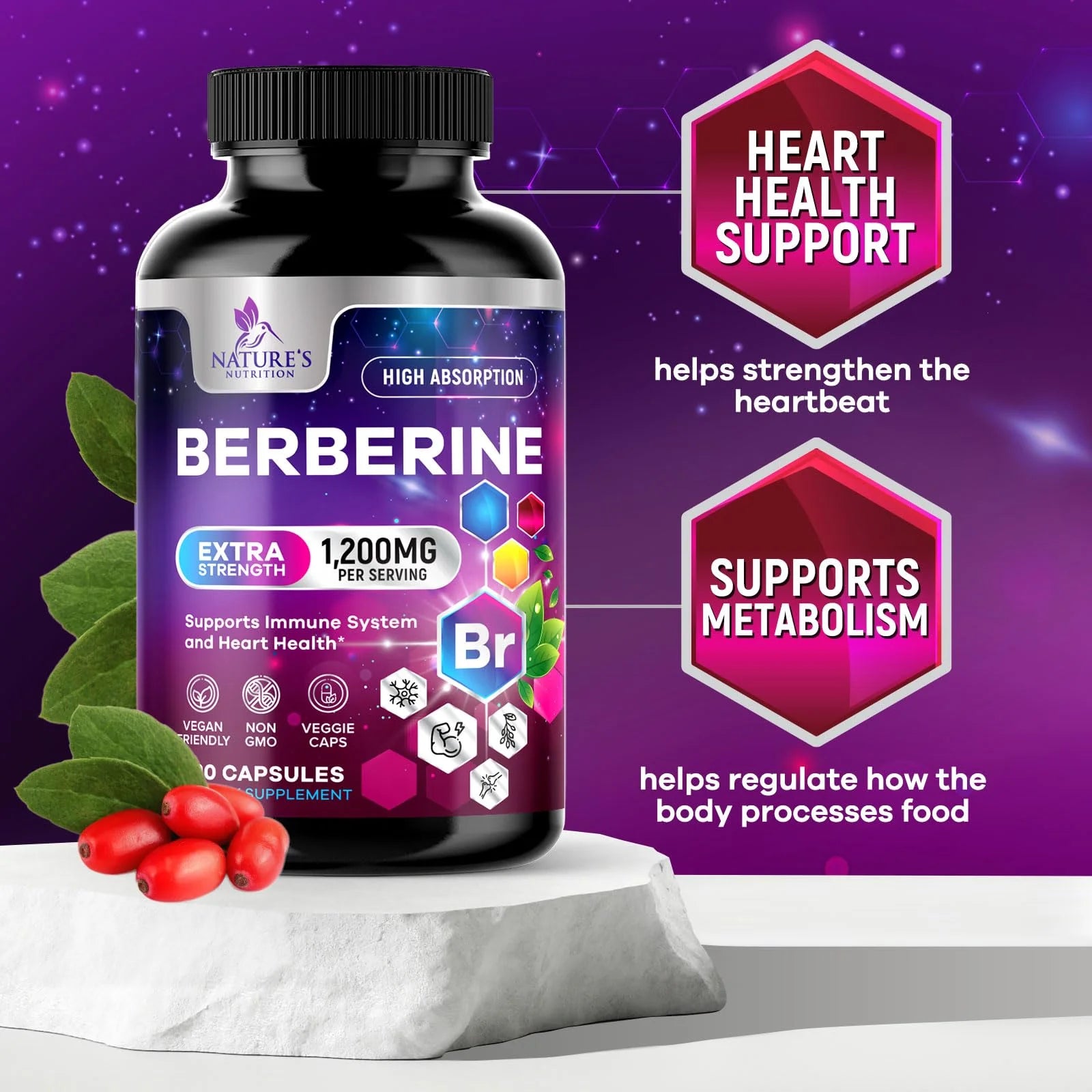 Berberine Supplement 1200Mg, High Absorption Berberine Supplements Heart Health & Immune Support Berberine Supplement - Berberine HCL Supplement Pills, Gluten-Free Berberine HCI - 120 Veggie Capsules