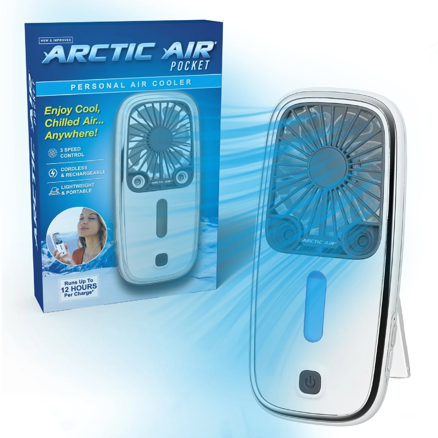 ® Pocket Hand Fan, Portable Air Cooler, Dual Cooling Jets, Rechargeable, 3 Speeds